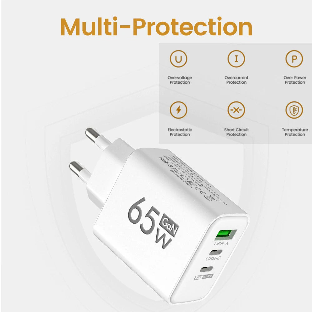 65W GaN USB-laddare 3-port Type C snabbladdning EU/US/KR-kontakt väggladdare för iPhone Samsung Xiaomi QC3.0 telefonladdare adapter