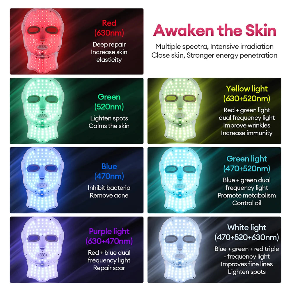 Máscara facial y de cuello LED de 7 colores recargable, máquina de belleza con luz fotónica LED, herramienta para lifting facial y cuidado de la piel