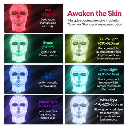 Máscara facial y de cuello LED de 7 colores recargable, máquina de belleza con luz fotónica LED, herramienta para lifting facial y cuidado de la piel