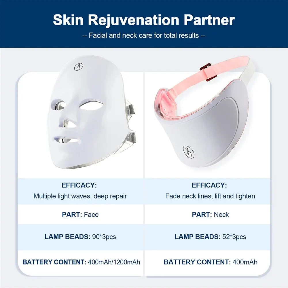 Máscara facial LED de 7 colores con terapia de luz roja para cuello para reafirmar la piel, lifting, antienvejecimiento, bio-luz, belleza, blanqueamiento en casa