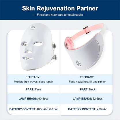 Máscara facial LED de 7 colores con terapia de luz roja para cuello para reafirmar la piel, lifting, antienvejecimiento, bio-luz, belleza, blanqueamiento en casa