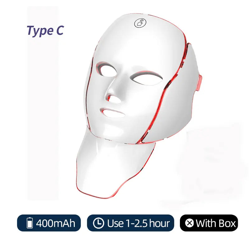 Máscara facial y de cuello LED de 7 colores recargable, máquina de belleza con luz fotónica LED, herramienta para lifting facial y cuidado de la piel