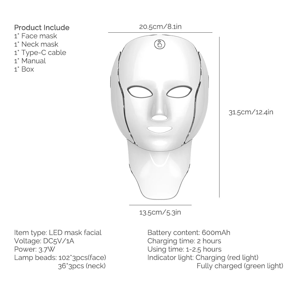 Máscara facial y de cuello LED de 7 colores recargable, máquina de belleza con luz fotónica LED, herramienta para lifting facial y cuidado de la piel