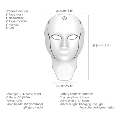 Máscara facial y de cuello LED de 7 colores recargable, máquina de belleza con luz fotónica LED, herramienta para lifting facial y cuidado de la piel
