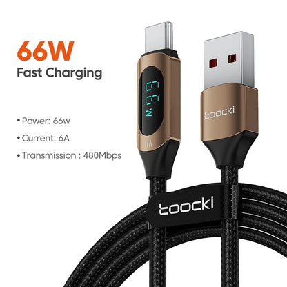 Cable USB Tipo C Toocki 66W Carga rápida Cargador USB A a USB C Cable de pantalla para iPhone 15 Xiaomi POCO F3 Realme Macbook iPad