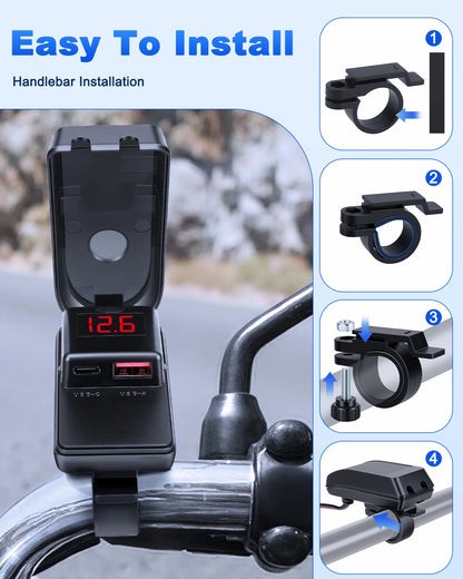 Încărcător USB Type C 60W pentru motocicletă cu adaptor, încărcător rapid USB cu comutator și voltmetru pentru telefon mobil GPS