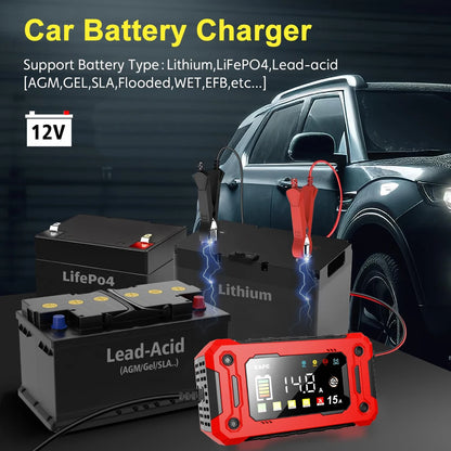 Neueste 12V Auto Batterieladegerät 15A/8A Pulsreparatur Großes Display Smart Charger für Auto Motorrad Bleiakku AGM GEL Batterien