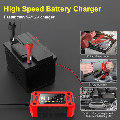 Neueste 12V Auto Batterieladegerät 15A/8A Pulsreparatur Großes Display Smart Charger für Auto Motorrad Bleiakku AGM GEL Batterien
