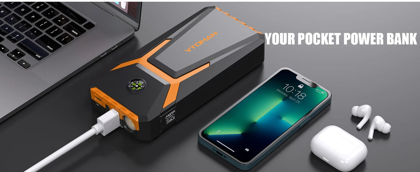 VTOMAN V6 Pro Auto Starthilfe Powerbank 2000A Batterieladegerät Notfall Booster Startgerät Jump Starter