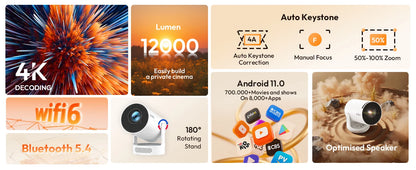 Proiector XGODY 4K HY300 Pro+ cu difuzor încorporat de 5W 1280*720P Android 11 12000 lumeni Wifi6 BT5.4 Proiector portabil outdoor