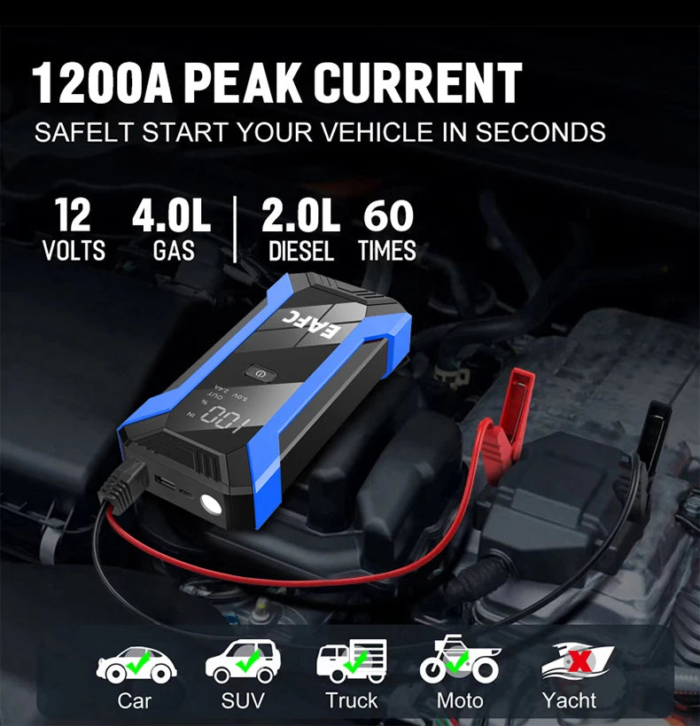 EAFC Auto Starthilfe Powerbank Spitzenstrom 1200A/2000A tragbarer Booster Notfall Batterieladegerät 12V Startgerät