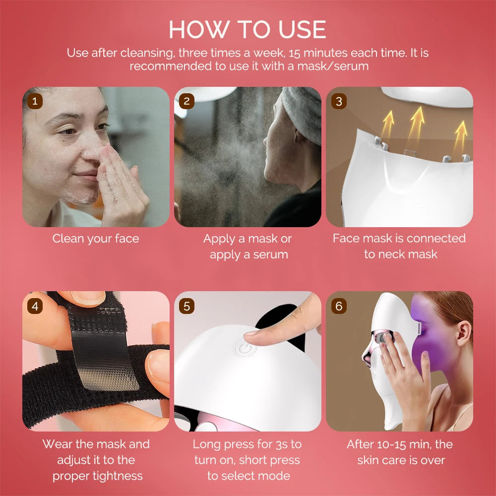 Máscara facial y de cuello LED de 7 colores recargable, máquina de belleza con luz fotónica LED, herramienta para lifting facial y cuidado de la piel