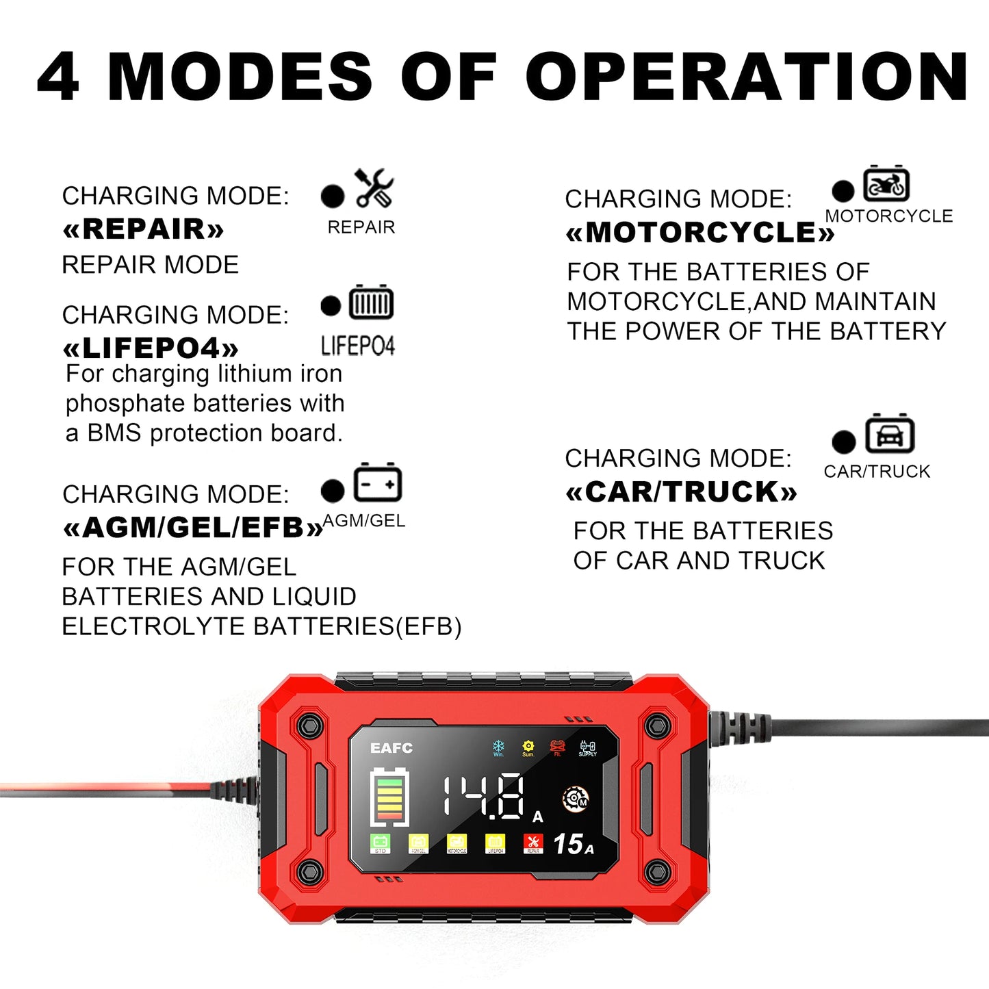 Neueste 12V Auto Batterieladegerät 15A/8A Pulsreparatur Großes Display Smart Charger für Auto Motorrad Bleiakku AGM GEL Batterien