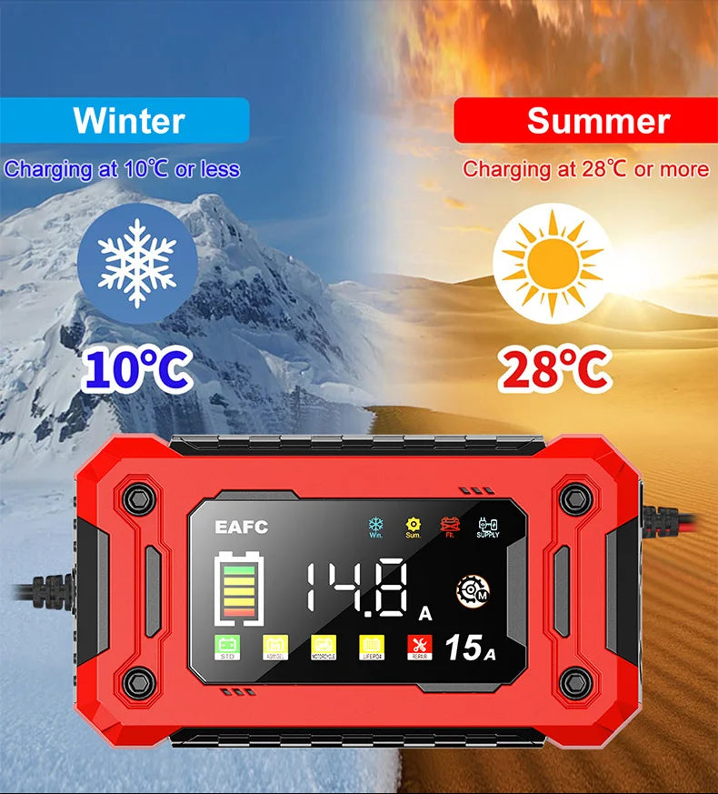 Neueste 12V Auto Batterieladegerät 15A/8A Pulsreparatur Großes Display Smart Charger für Auto Motorrad Bleiakku AGM GEL Batterien