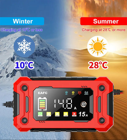 Neueste 12V Auto Batterieladegerät 15A/8A Pulsreparatur Großes Display Smart Charger für Auto Motorrad Bleiakku AGM GEL Batterien