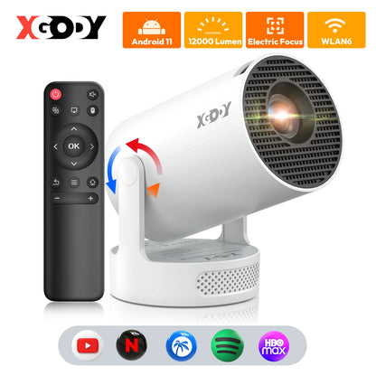Proiector XGODY 4K HY300 Pro+ cu difuzor încorporat de 5W 1280*720P Android 11 12000 lumeni Wifi6 BT5.4 Proiector portabil outdoor