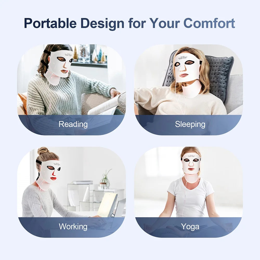Silikon LED-mask för ansikte med nacke 7-färgers LED-foton rött ljus infraröd terapi flexibel ansiktsmask reparation av hud trådlös användning