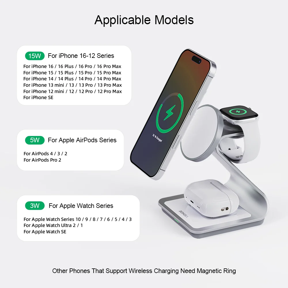 Bonola magnetisk 3 i 1 trådlös laddare för iPhone 17/16/15/13/14/12 30W trådlös laddningsstation för Apple Watch/AirPods Pro