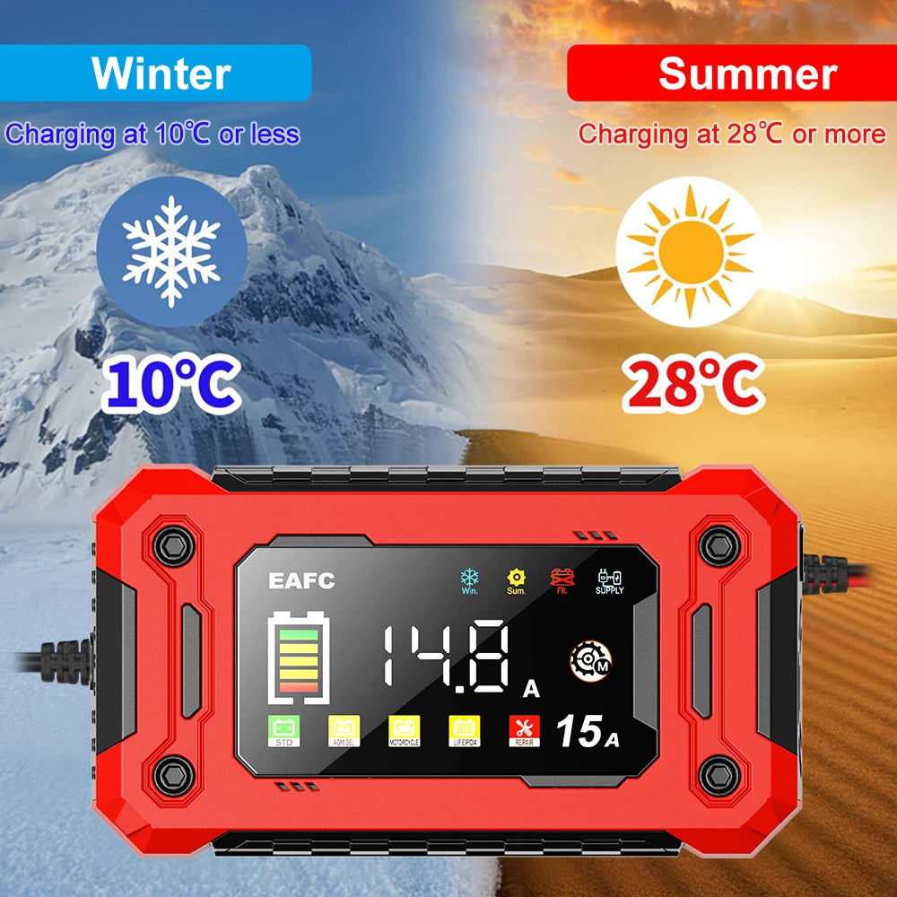 Neueste 12V Auto Batterieladegerät 15A/8A Pulsreparatur Großes Display Smart Charger für Auto Motorrad Bleiakku AGM GEL Batterien