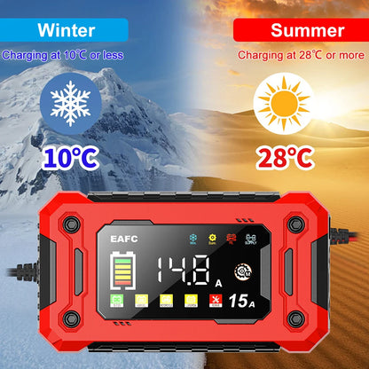 Neueste 12V Auto Batterieladegerät 15A/8A Pulsreparatur Großes Display Smart Charger für Auto Motorrad Bleiakku AGM GEL Batterien