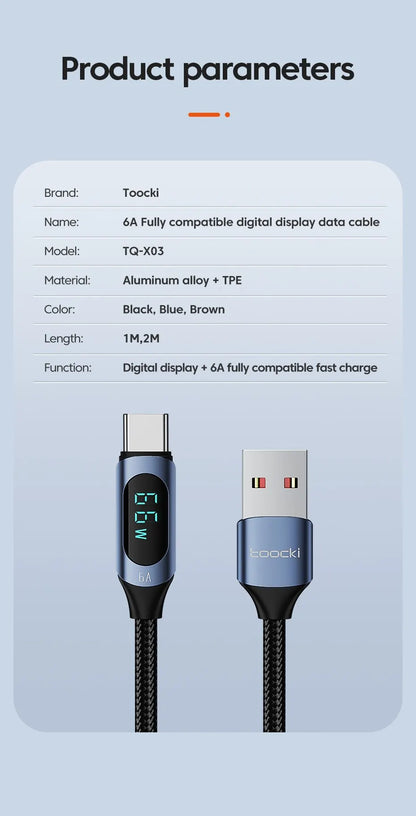 Cable USB Tipo C Toocki 66W Carga rápida Cargador USB A a USB C Cable de pantalla para iPhone 15 Xiaomi POCO F3 Realme Macbook iPad