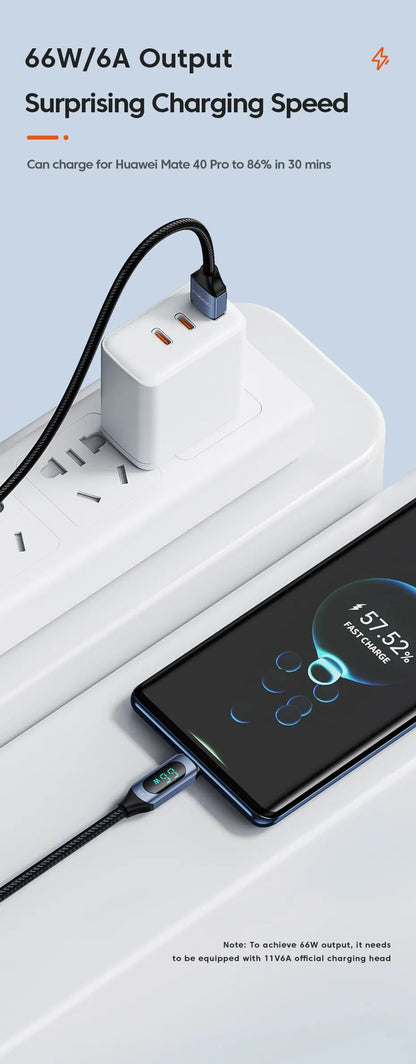 Cable USB Tipo C Toocki 66W Carga rápida Cargador USB A a USB C Cable de pantalla para iPhone 15 Xiaomi POCO F3 Realme Macbook iPad