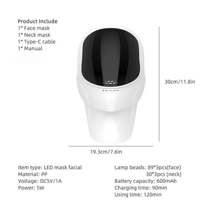 Máscara facial y de cuello LED de 7 colores recargable, máquina de belleza con luz fotónica LED, herramienta para lifting facial y cuidado de la piel
