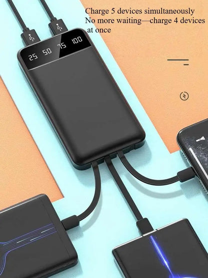20000mAh Power Bank Černá s integrovaným kabelem 5 zařízení Rychlé nabíjení LED displej