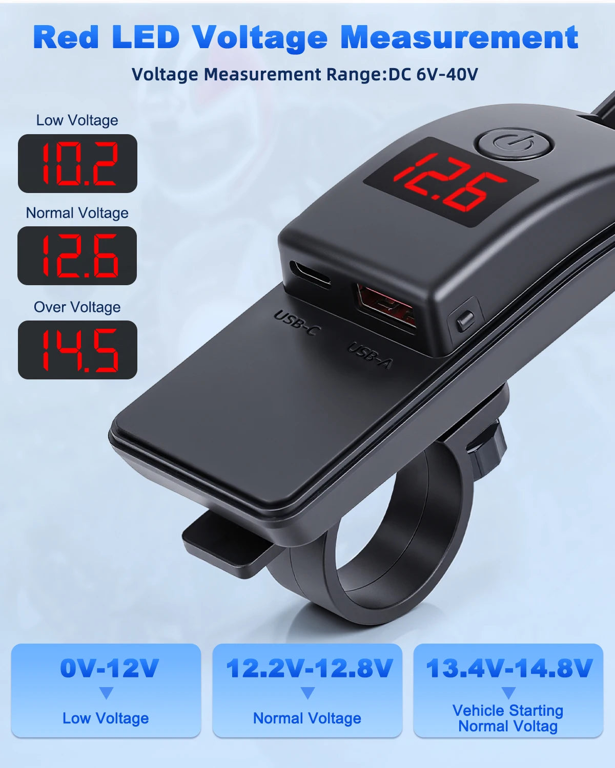 Încărcător USB Type C 60W pentru motocicletă cu adaptor, încărcător rapid USB cu comutator și voltmetru pentru telefon mobil GPS