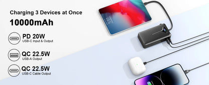 Power Bank FastCharging 10000mAh 22.5W USB-C In Out ,Built-in Cable For IPhone ,Android
