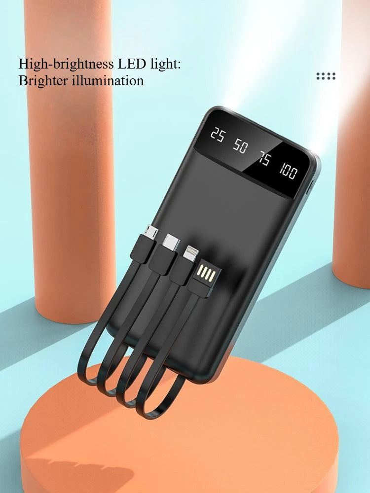 20000mAh Power Bank Černá s integrovaným kabelem 5 zařízení Rychlé nabíjení LED displej