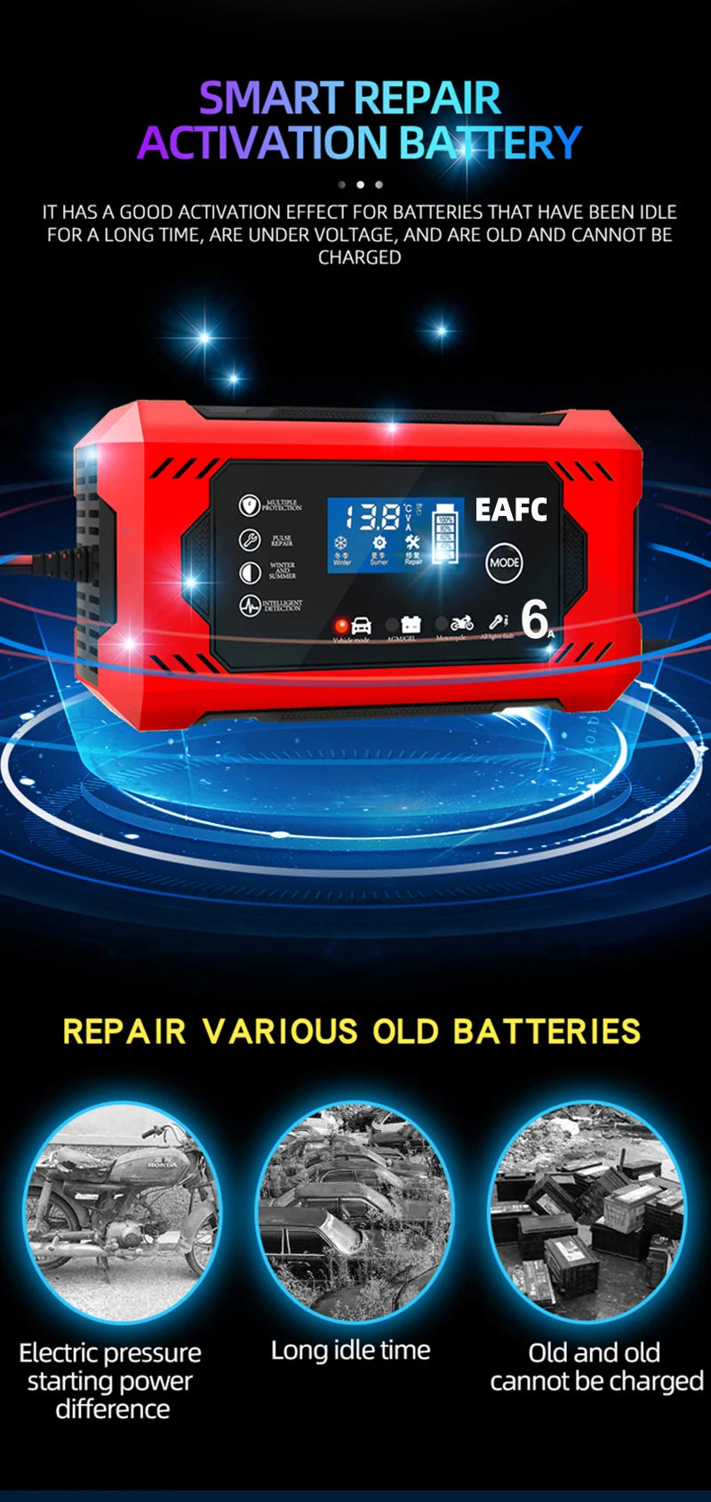12-24V 6/8A vollautomatisches Batterieladegerät digitales LCD-Display Auto Ladegerät mit Pulsreparatur Nass Trocken Bleiakku