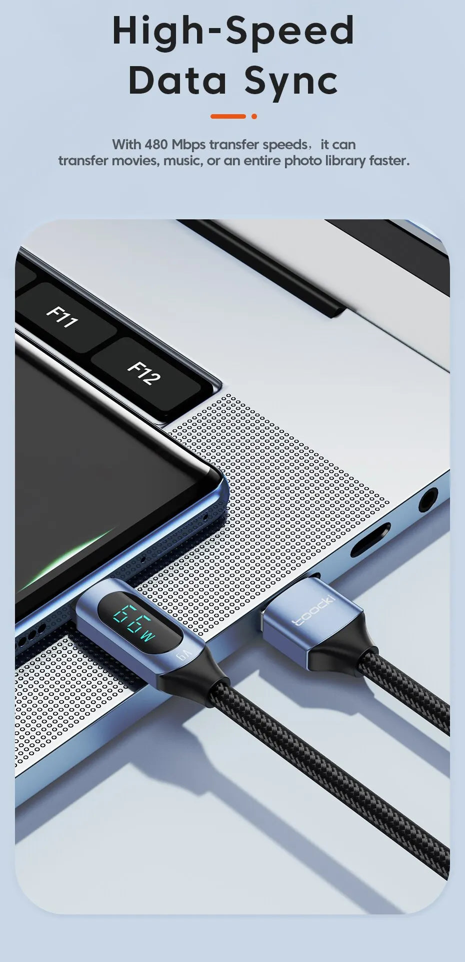 Cable USB Tipo C Toocki 66W Carga rápida Cargador USB A a USB C Cable de pantalla para iPhone 15 Xiaomi POCO F3 Realme Macbook iPad