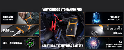 VTOMAN V6 Pro Auto Starthilfe Powerbank 2000A Batterieladegerät Notfall Booster Startgerät Jump Starter