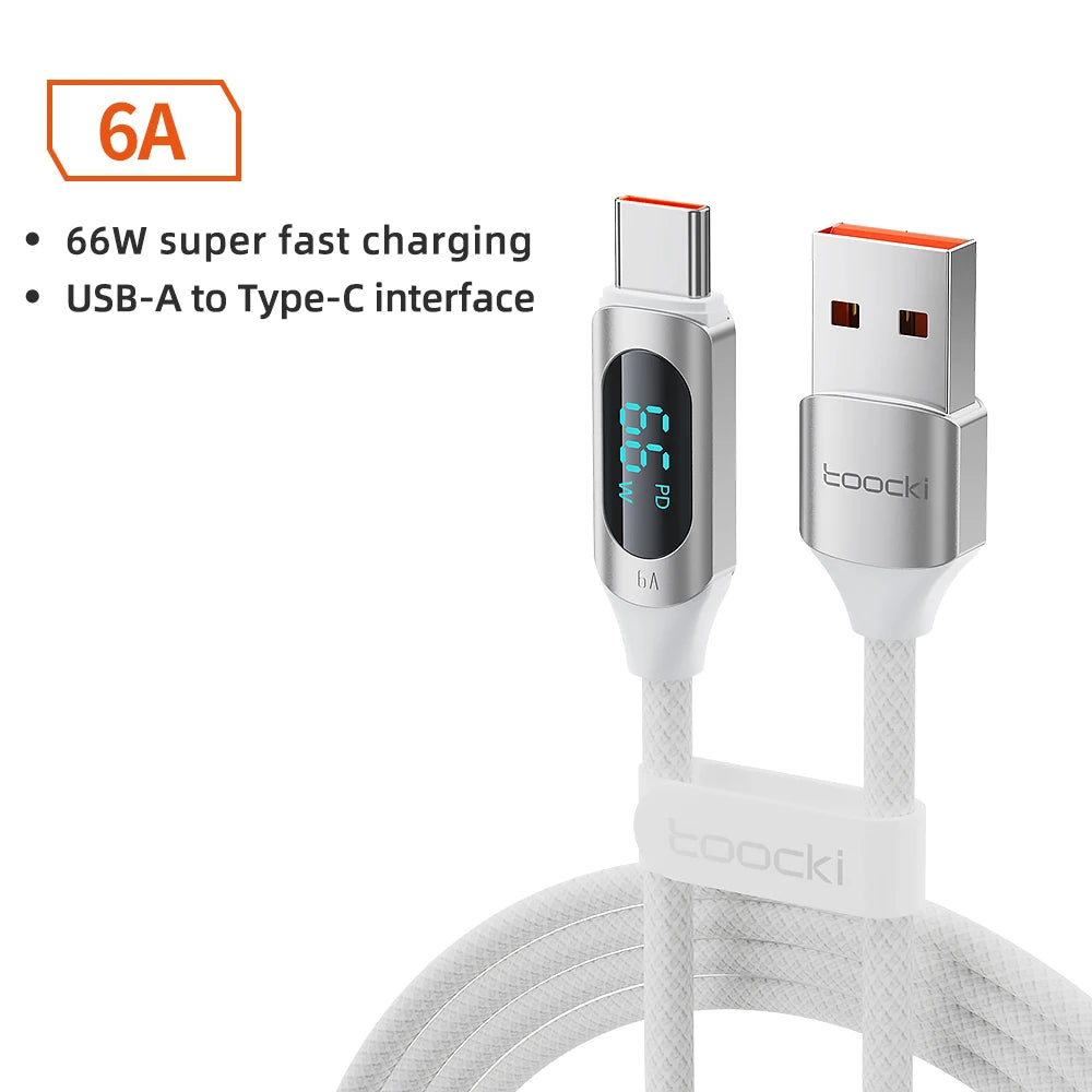 Cable USB Tipo C Toocki 66W Carga rápida Cargador USB A a USB C Cable de pantalla para iPhone 15 Xiaomi POCO F3 Realme Macbook iPad