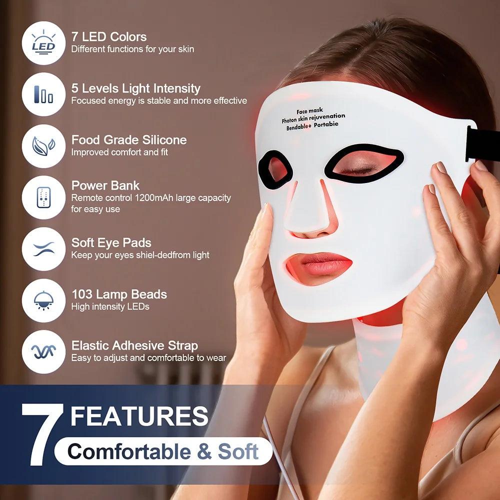 Silikon LED-mask för ansikte med nacke 7-färgers LED-foton rött ljus infraröd terapi flexibel ansiktsmask reparation av hud trådlös användning