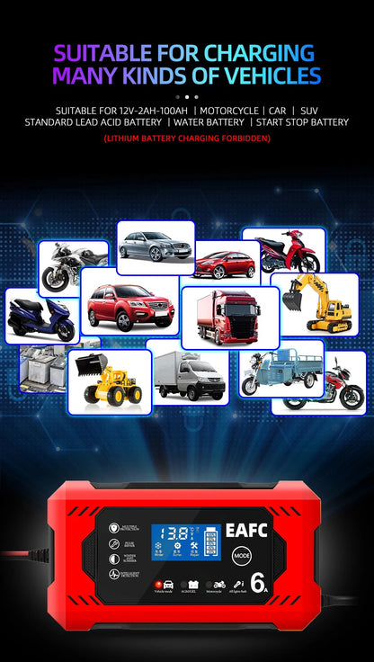 Auto Batterieladegerät 12V 6A intelligent Schnellladung Pulsreparatur Typ Vollauto-Stopp Dual-Modus Bleiakku für Motorrad Lkw
