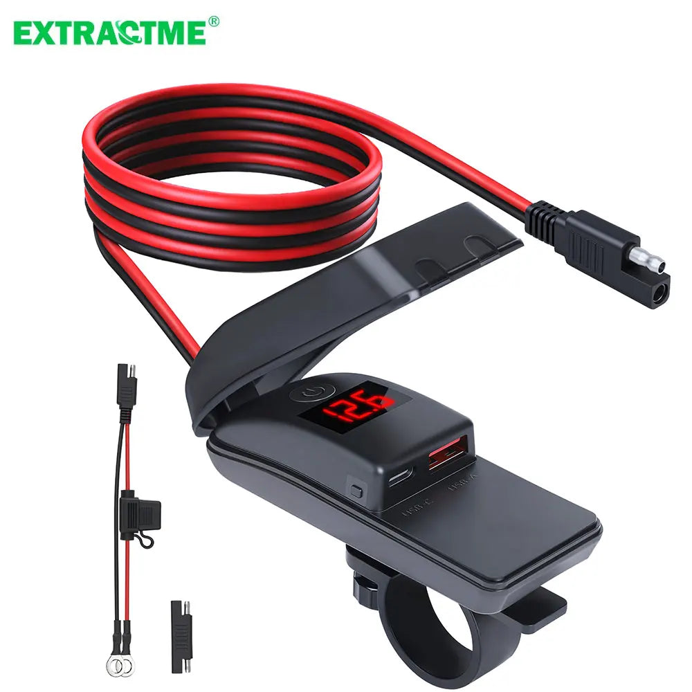 Încărcător USB Type C 60W pentru motocicletă cu adaptor, încărcător rapid USB cu comutator și voltmetru pentru telefon mobil GPS