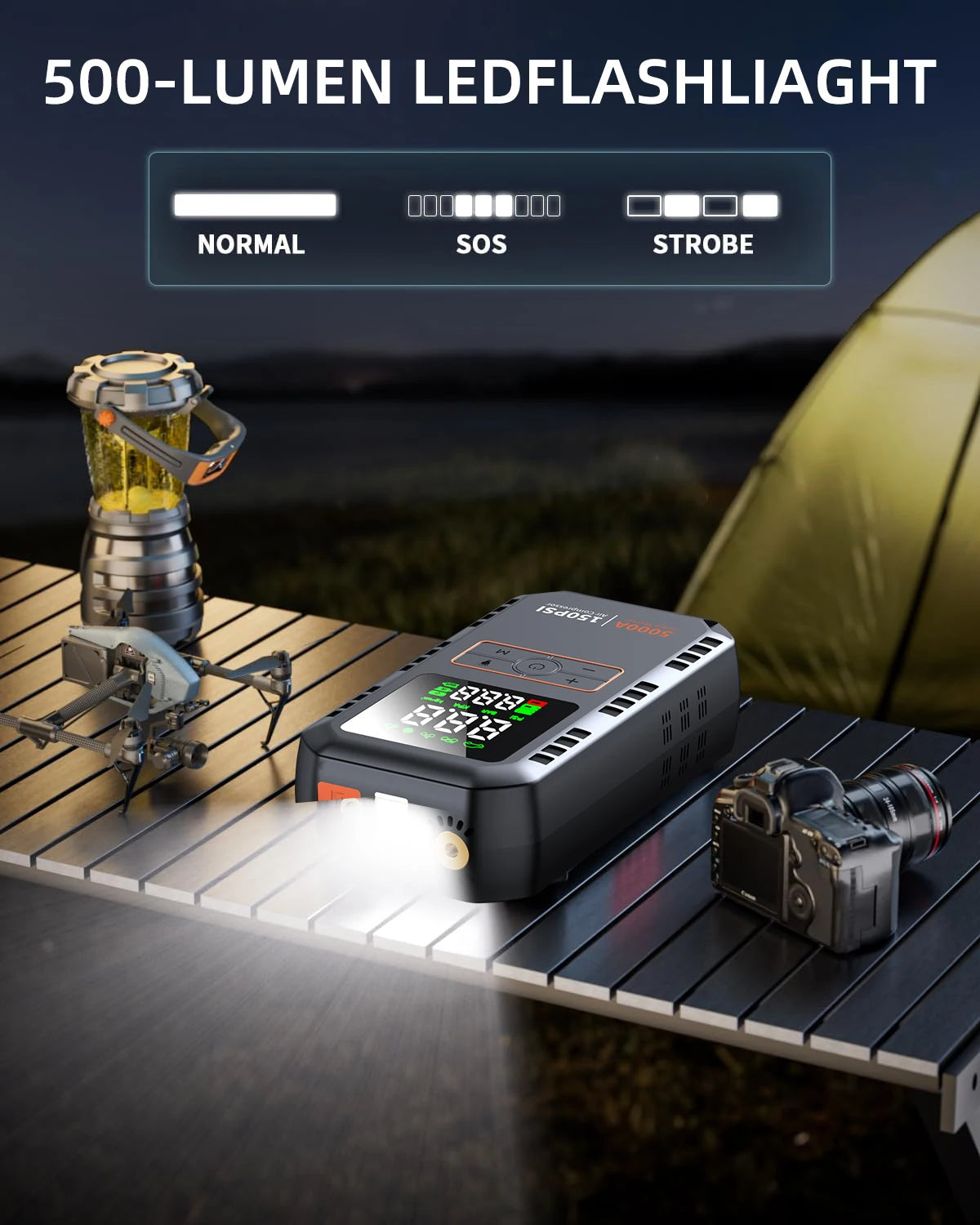 5000A startér pro nastartování auta s tlakem 150 PSI a kompresorem vzduchu, auto nafukovač pneumatik, velký LCD displej, LED světlo, pro auta, kola a motocykly