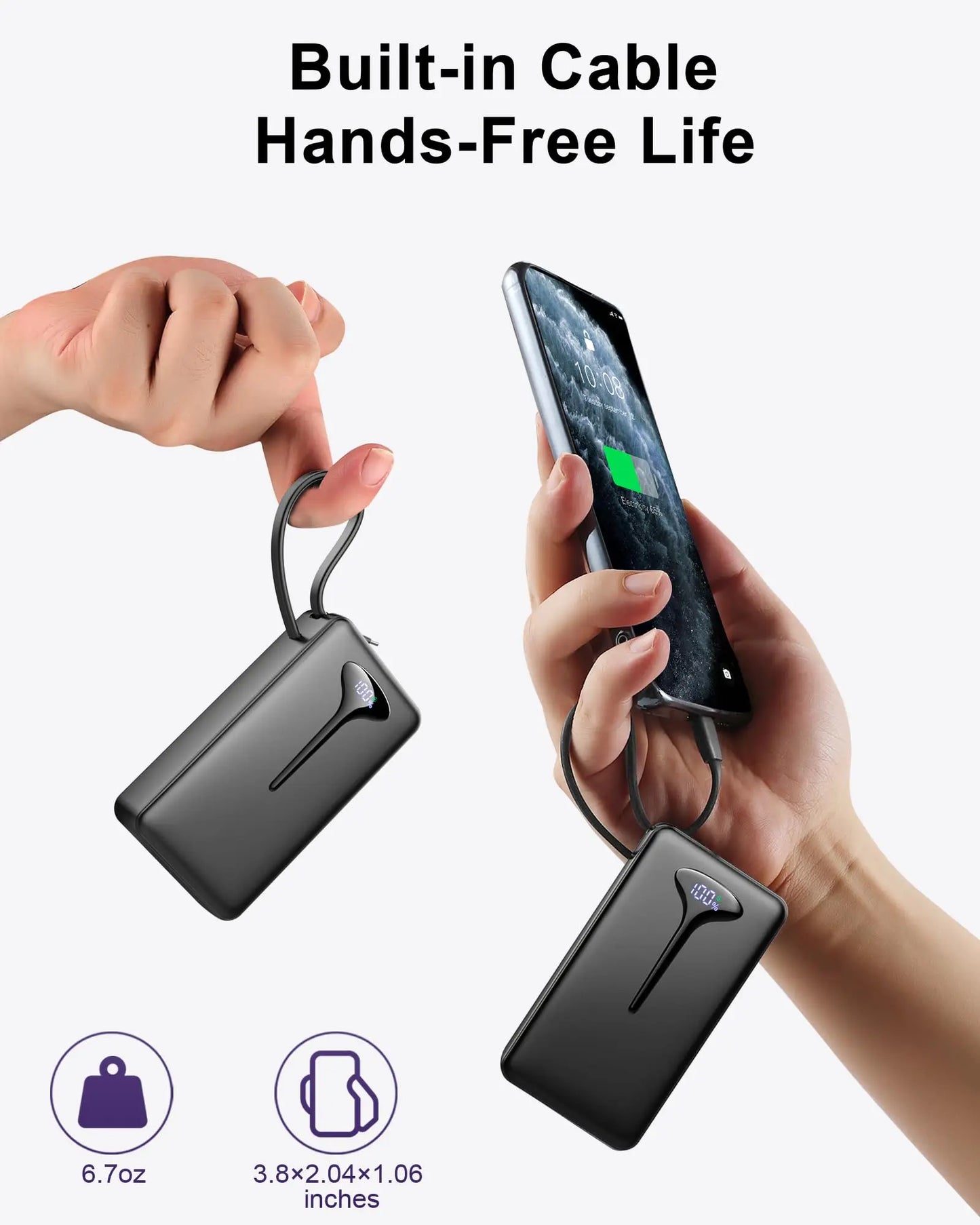 Power Bank FastCharging 10000mAh 22.5W USB-C In Out ,Built-in Cable For IPhone ,Android