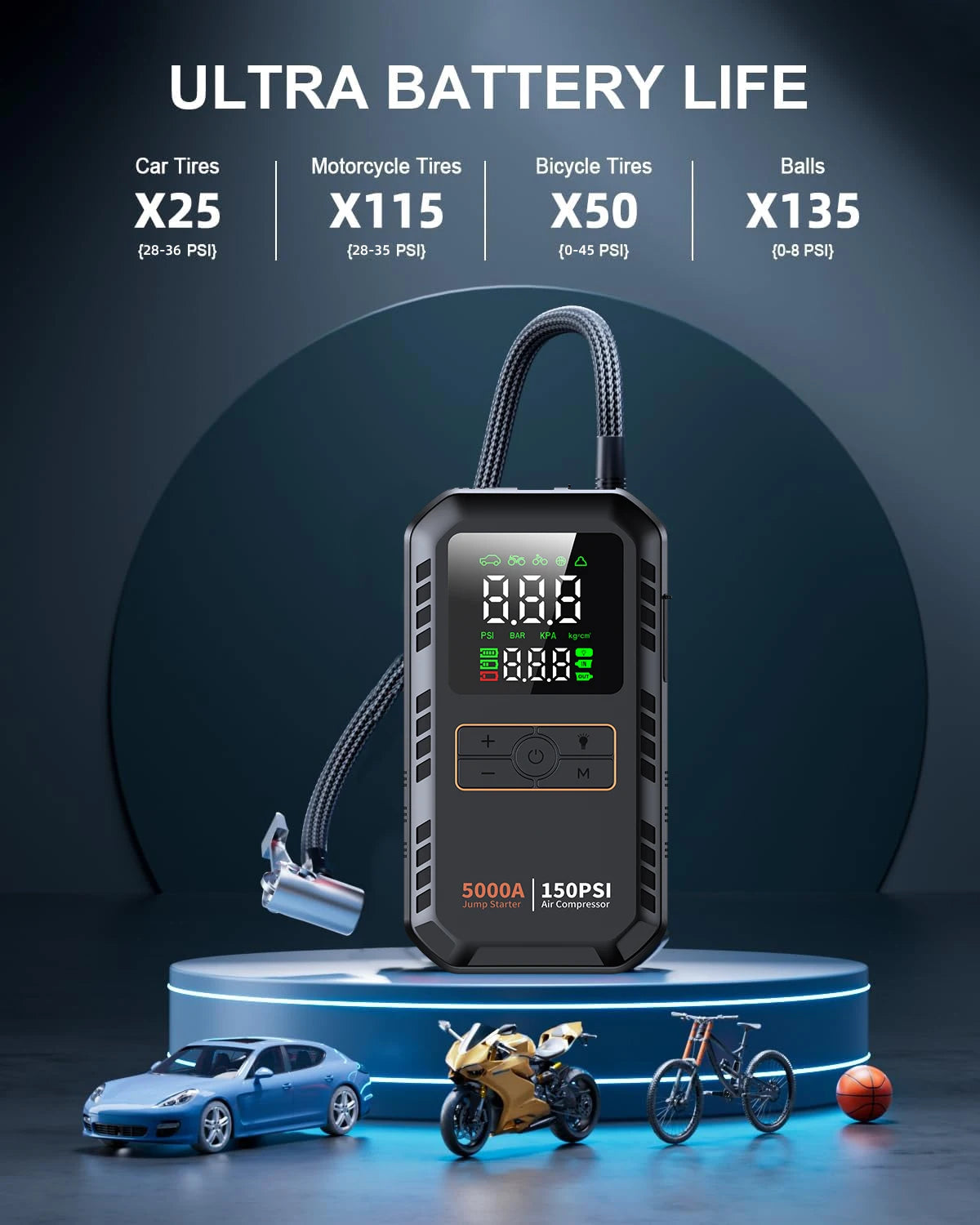 5000A startér pro nastartování auta s tlakem 150 PSI a kompresorem vzduchu, auto nafukovač pneumatik, velký LCD displej, LED světlo, pro auta, kola a motocykly