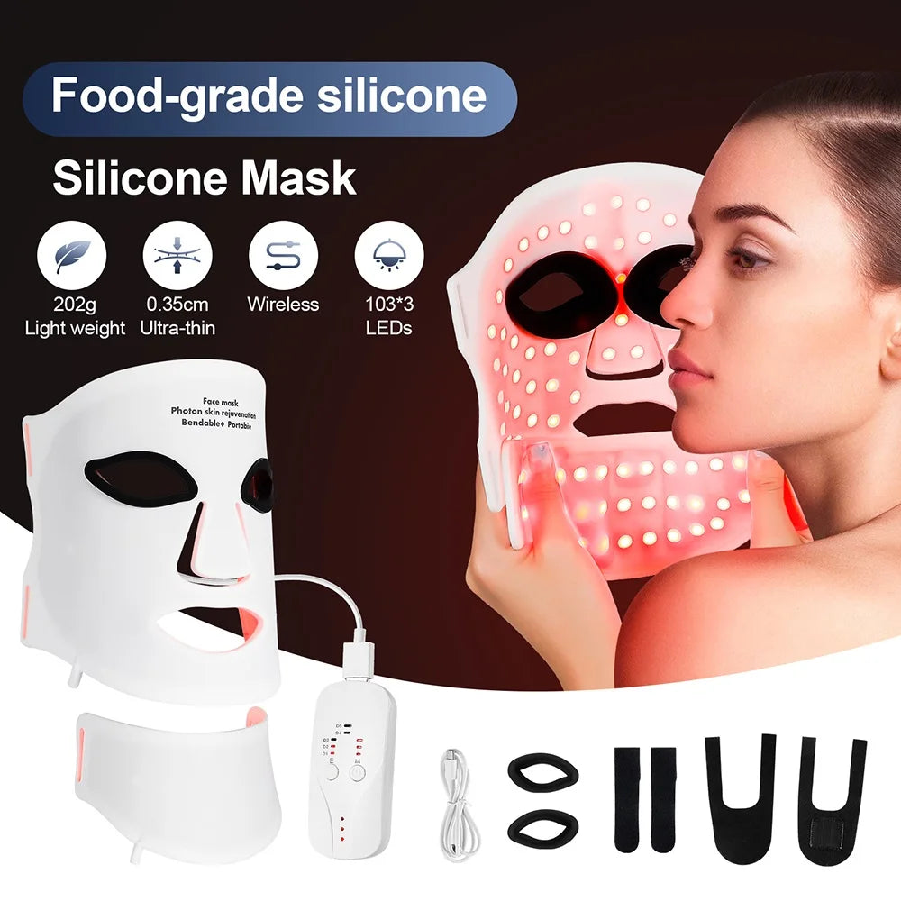 Silikon LED-mask för ansikte med nacke 7-färgers LED-foton rött ljus infraröd terapi flexibel ansiktsmask reparation av hud trådlös användning