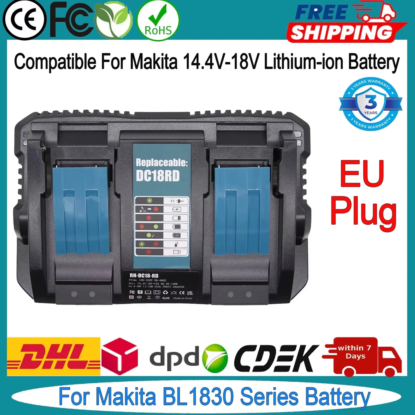 Încărcător dublu 18V 6A cu priză EU, înlocuire pentru Makita 18V litiu reîncărcabil, încărcător rapid pentru Makita DC18RC DC18RD