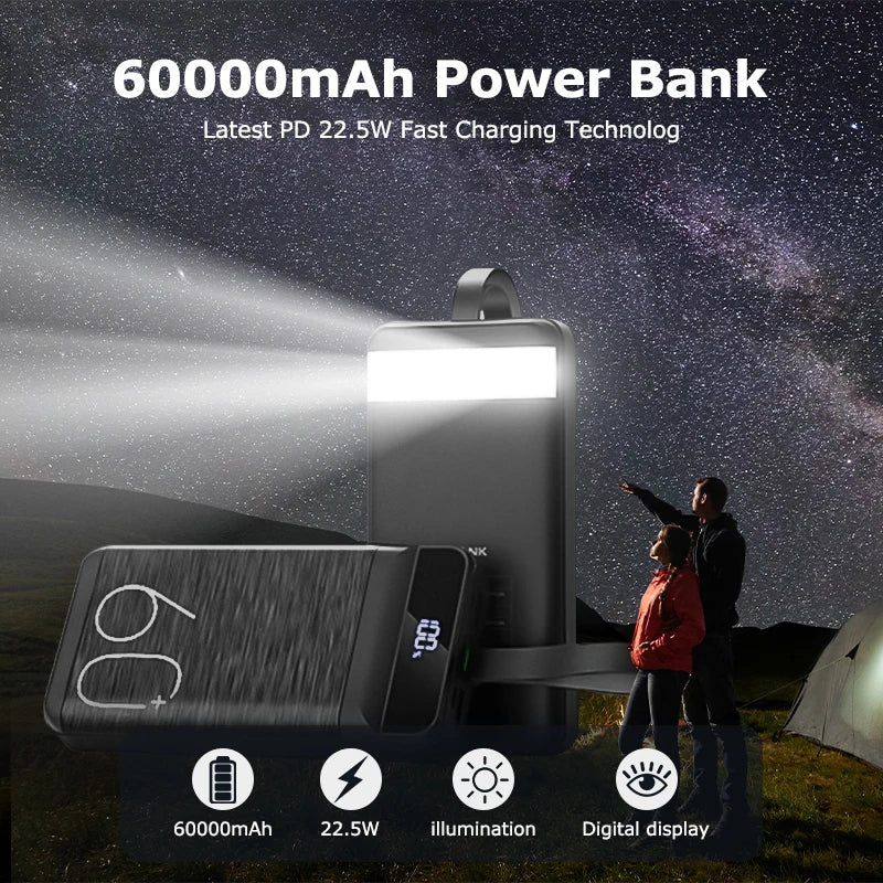 60000mAh Power Bank QC PD3.0 22.5W Fast Charging Powerbank Portable Charger External Battery