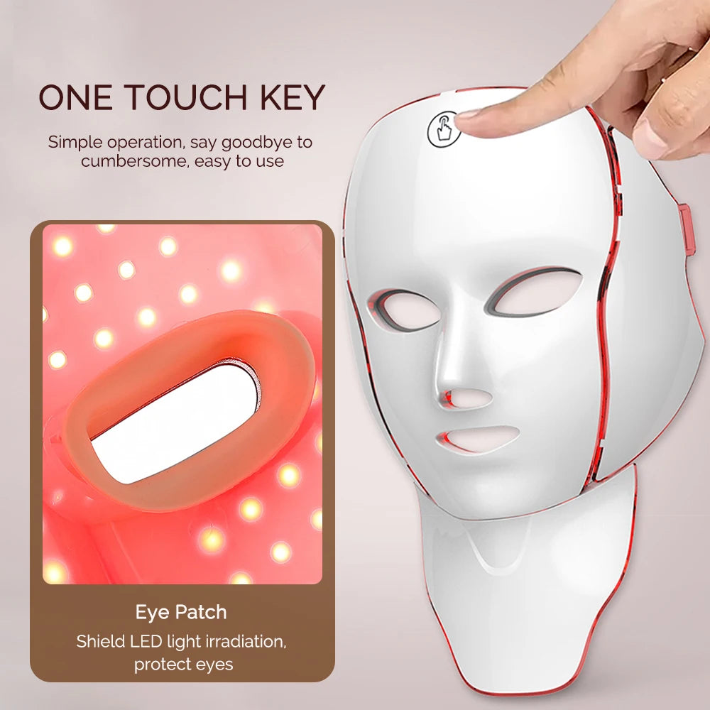 Máscara facial y de cuello LED de 7 colores recargable, máquina de belleza con luz fotónica LED, herramienta para lifting facial y cuidado de la piel
