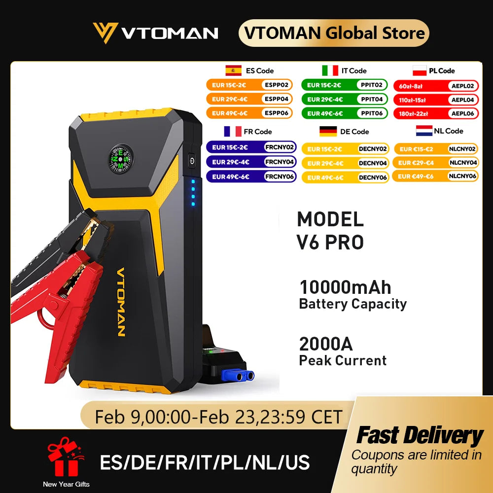 VTOMAN V6 Pro Auto Starthilfe Powerbank 2000A Batterieladegerät Notfall Booster Startgerät Jump Starter