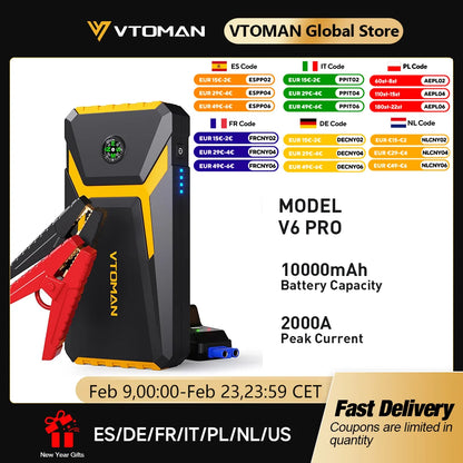 VTOMAN V6 Pro Auto Starthilfe Powerbank 2000A Batterieladegerät Notfall Booster Startgerät Jump Starter