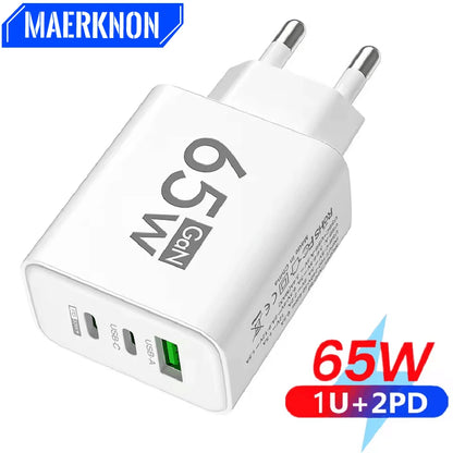 65W GaN USB-laddare 3-port Type C snabbladdning EU/US/KR-kontakt väggladdare för iPhone Samsung Xiaomi QC3.0 telefonladdare adapter