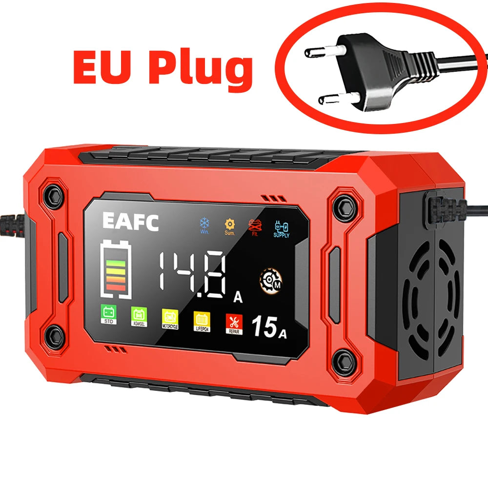 Neueste 12V Auto Batterieladegerät 15A/8A Pulsreparatur Großes Display Smart Charger für Auto Motorrad Bleiakku AGM GEL Batterien