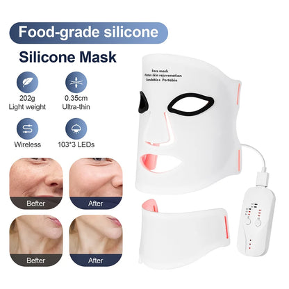 Silikon LED-mask för ansikte med nacke 7-färgers LED-foton rött ljus infraröd terapi flexibel ansiktsmask reparation av hud trådlös användning